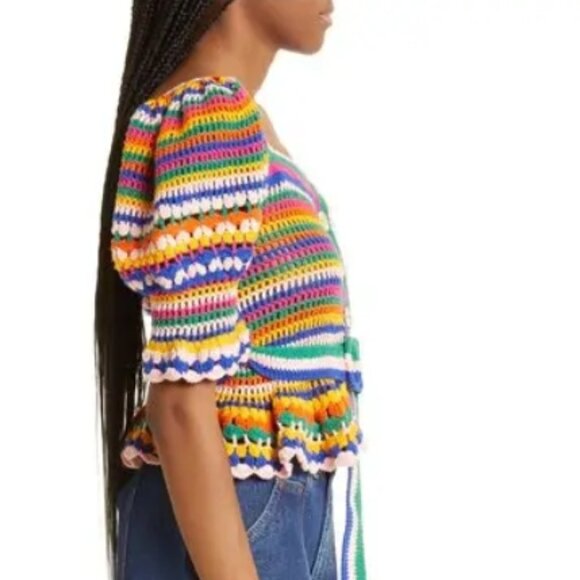 NWOT Rare Farm Rio Stripe Multicolor Crochet Cotton Blend Sweater/Top S $240 - Picture 8 of 11